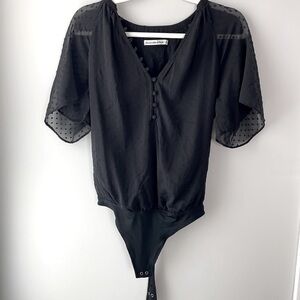 Abercrombie and Fitch Black Flutter Sleeve Swiss Dot Button Bodysuit XS